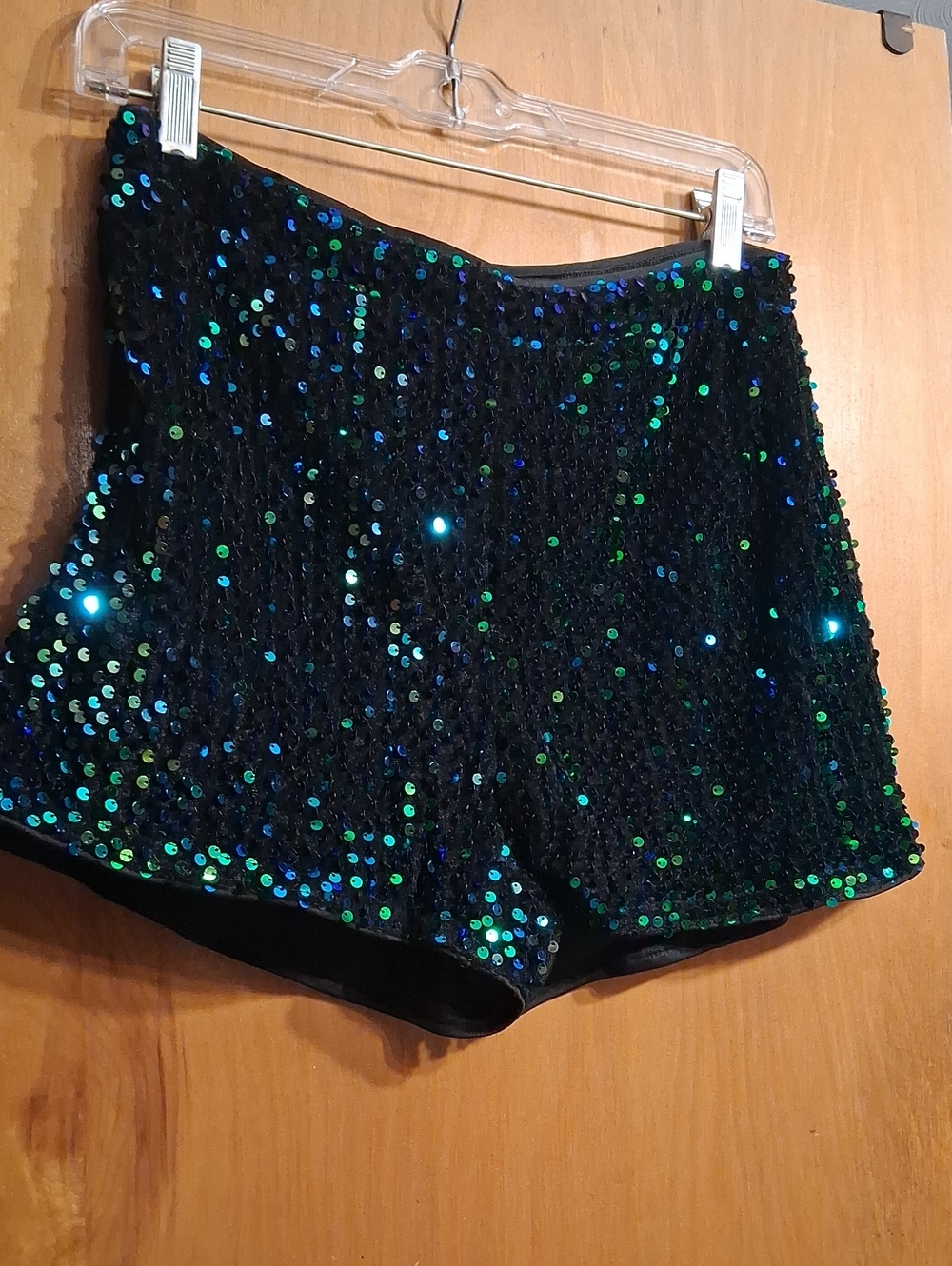 SHEIN Black High Waist Sequin Shorts with Green & Blue Sparkle